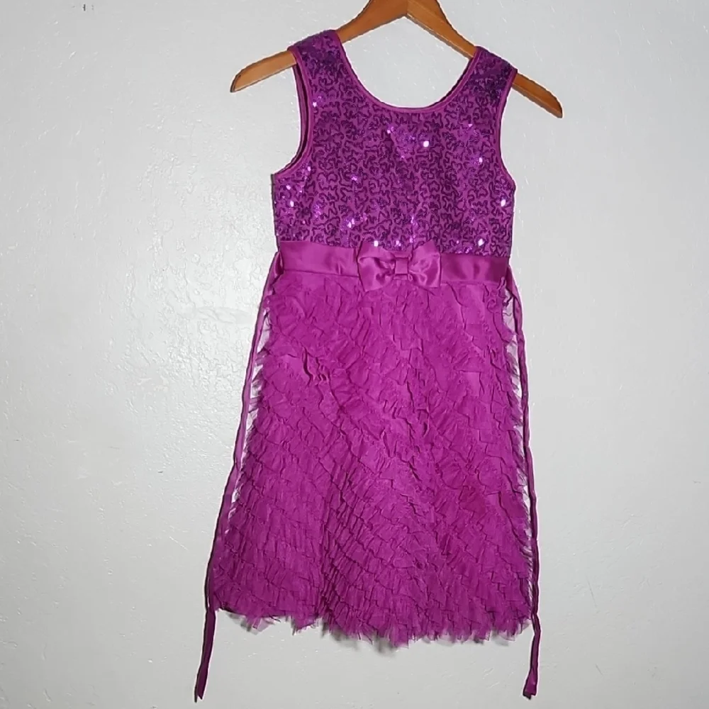 Elegant Fushia Sequin Empire Waist Ruffle Sleeveless Dress Girls 10